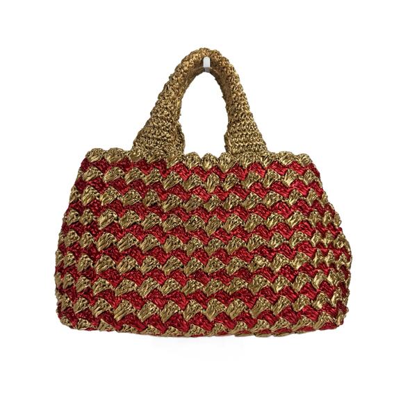 Prada 2012 Red & Brown Crochet Raffia Medium Canapa Tote Bag - Picture 2 of 9
